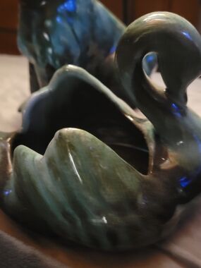 Glazed Ceramic Swan Planter in Green and Brown